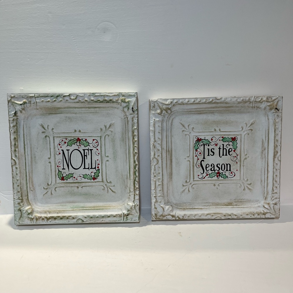 Vintage White Holiday Plaque Set, custom made from tin ceiling tiles